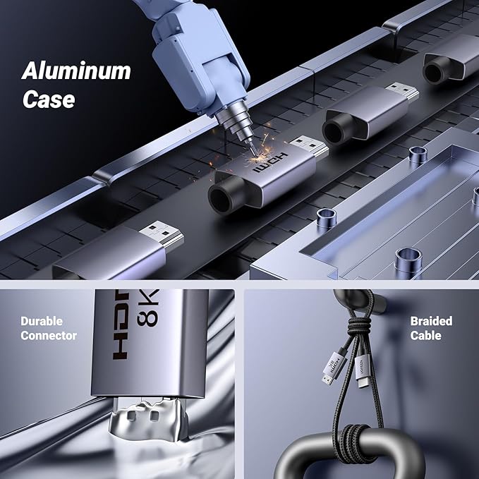 UGREEN 8K HDMI 2.1 Cable 48Gbps 33FT, Ultra High Speed HDMI Cord Aluminum, 4K@240Hz 120Hz 10K 8K@60Hz, HDCP 2.2&2.3, eARC HDR 10 Dolby Compatible with PS5/Blu-ray/Roku TV/Switch 2/Mac mini