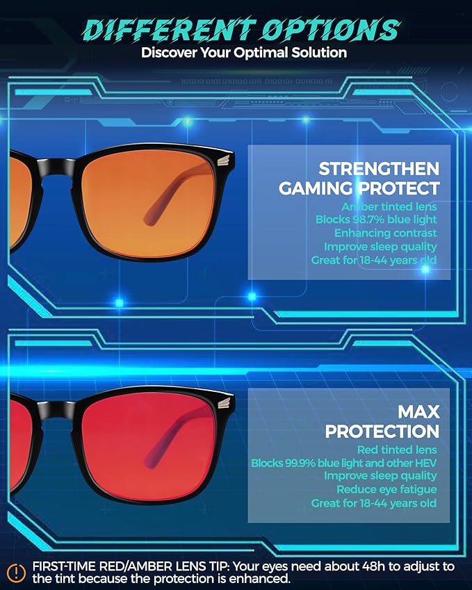 2 Packs Professional Sleep Glasses with 99.9% Blue Light Blocking Dual AR Coatings Red Lens, Computer Gaming Glasses for Men Women, Anti Fatigue & Eye Strain