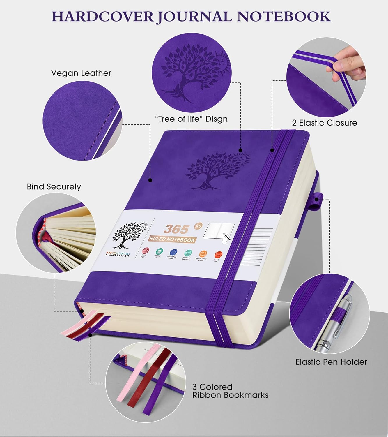 A5 Lined Journal Notebook - 365 Page Leather Journals for Writing Women & Men，Hardcover Notebook with 100Gsm Thick Pages，Daily Diary for Travel, Work，School，Note Taking，College Ruled (5.9" x 8.5")