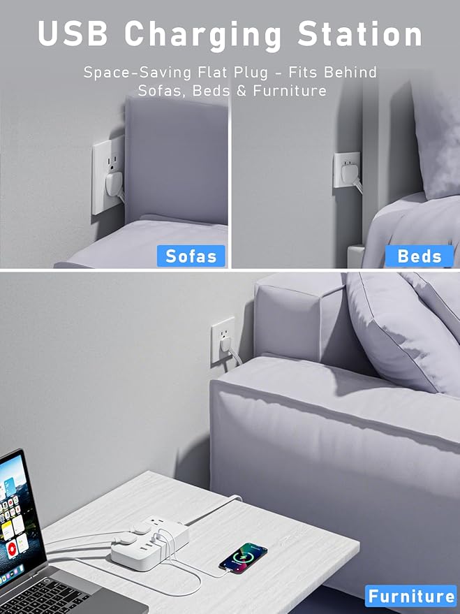 Power Strip-6FT Extension Cord Flat Wall Plug,3 Outlets 2 USB,2 USB-C,PD20W Charging Ports,Electrical Outlet,Flat Plug Power Strip,Outlet Extender,Cruise Ship Essentials for Home Dorm Room Essentials