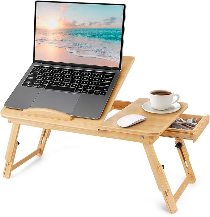 Bamboo Laptop Desk, Folding Adjustable Lap Tray Table with Drawer, Portable Lap Desk for Working, Reading, Breakfast on Sofa, Couch, or Floor