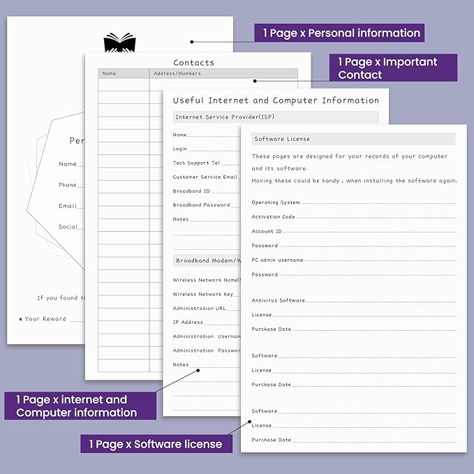 Password Book with Alphabetical Tabs, Hardcover Password Keeper, A5 Size 8.3"x6" Password Notebook for Saving Internet Login, Username, Password Organizer for Computer & Website Logins, Pruple