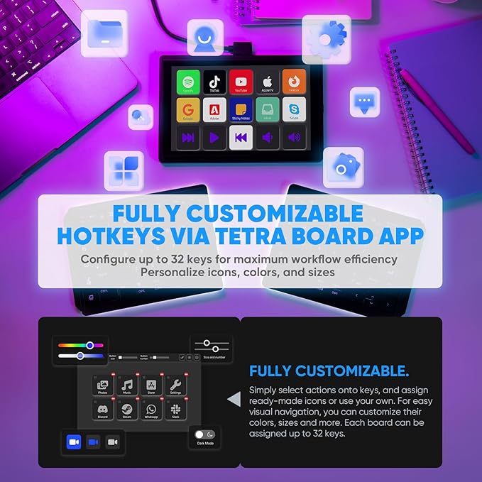 MP Mobile Pixels Tetra Keyboard with 8" Touchscreen, Customizable Hotkeys Wireless Ergonomic Keyboards, 3 Modular Layouts, Bluetooth Connectivity, USB-C Charging, Portable Keyboard for Windows/Mac