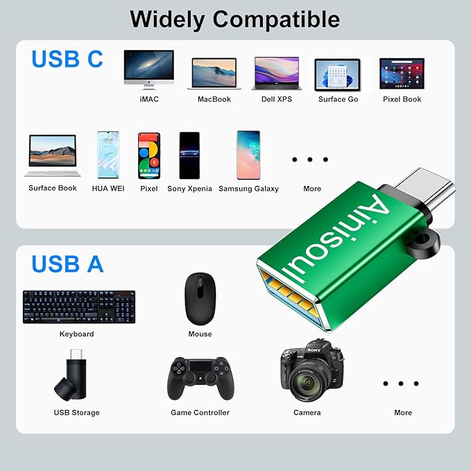 USBC to USB Adapter 8 Pack,USB to Type C Adapter,C Male to USBA Female,USB Charging Cable Converter for MacBook,iPhone 16 15,iPad,Samsung Galaxy and More,Green