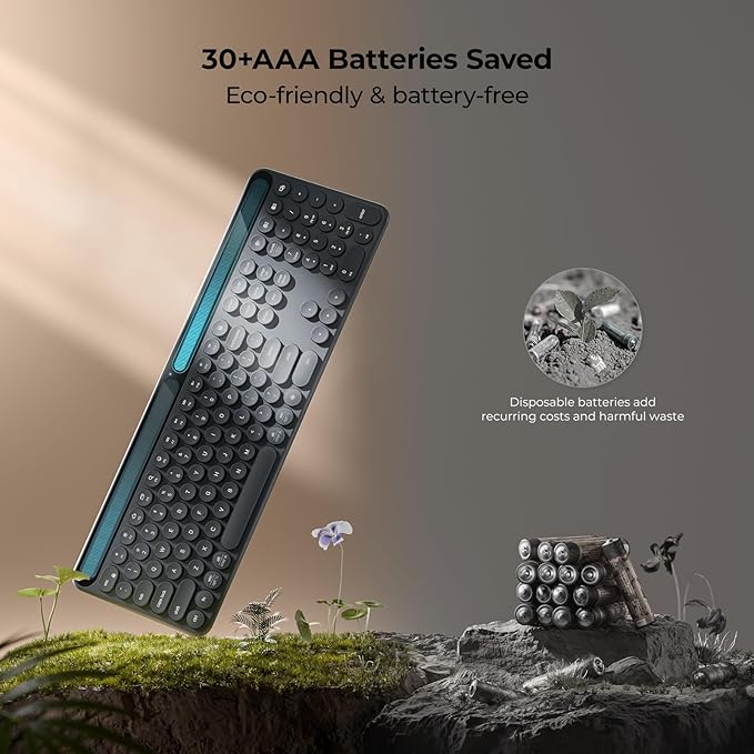 iClever Solar Bluetooth Keyboard, Wireless Keyboard with Solar & Indoor Light Charging, Full Size, 3-Device Connectivity, Silent Scissor Round Keys, Numeric Keypad for Office/Home/Mac/Windows