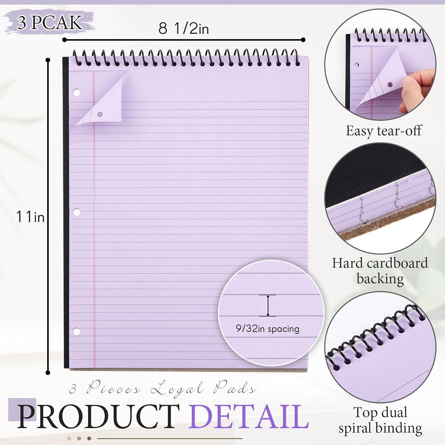 3 Packs 8.5" x 11" Top Spiral Notebook with 3 Hole Punched Legal Pads College Ruled Notepad 50 Sheets Hard Cardboard Paper Wirebound Notepad for Office School Business (Purple)