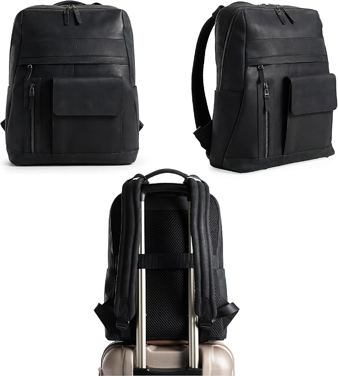 VELEZ Black Leather Backpack for Men & Women - Large Capacity Laptop Travel Backpack with 17" Sleeve - Vintage Travel Bag with Adjustable Straps, Multiple Pockets & Trolley Sleeve