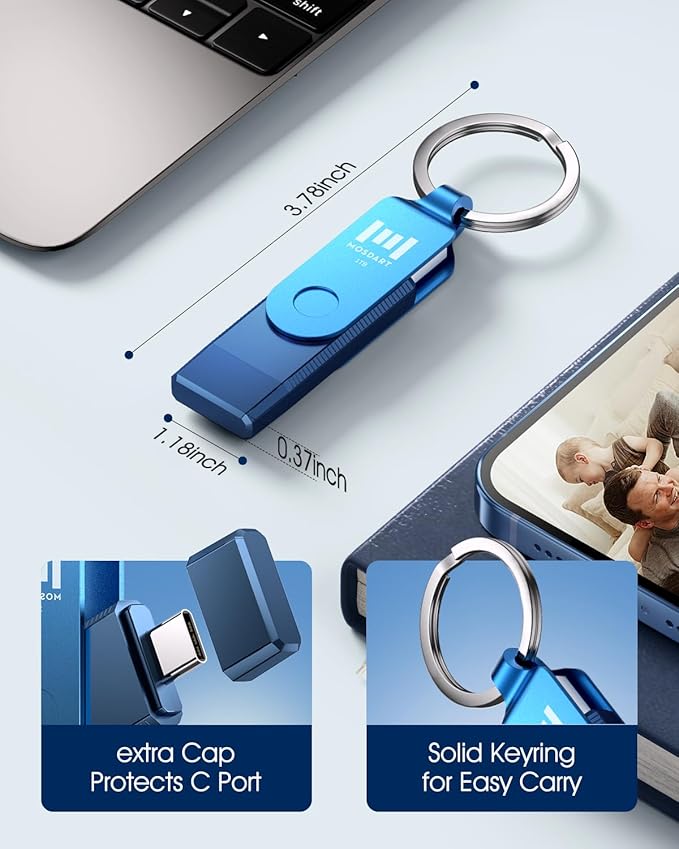 MOSDART 1TB Dual USB C Flash Drive, Speed Up to 150MB/S Type C 3.1 Thumb Drive with Keychain, for iPhone 15 and 16, Android Phone, iPad, MacBook, and Laptops, Navy Blue