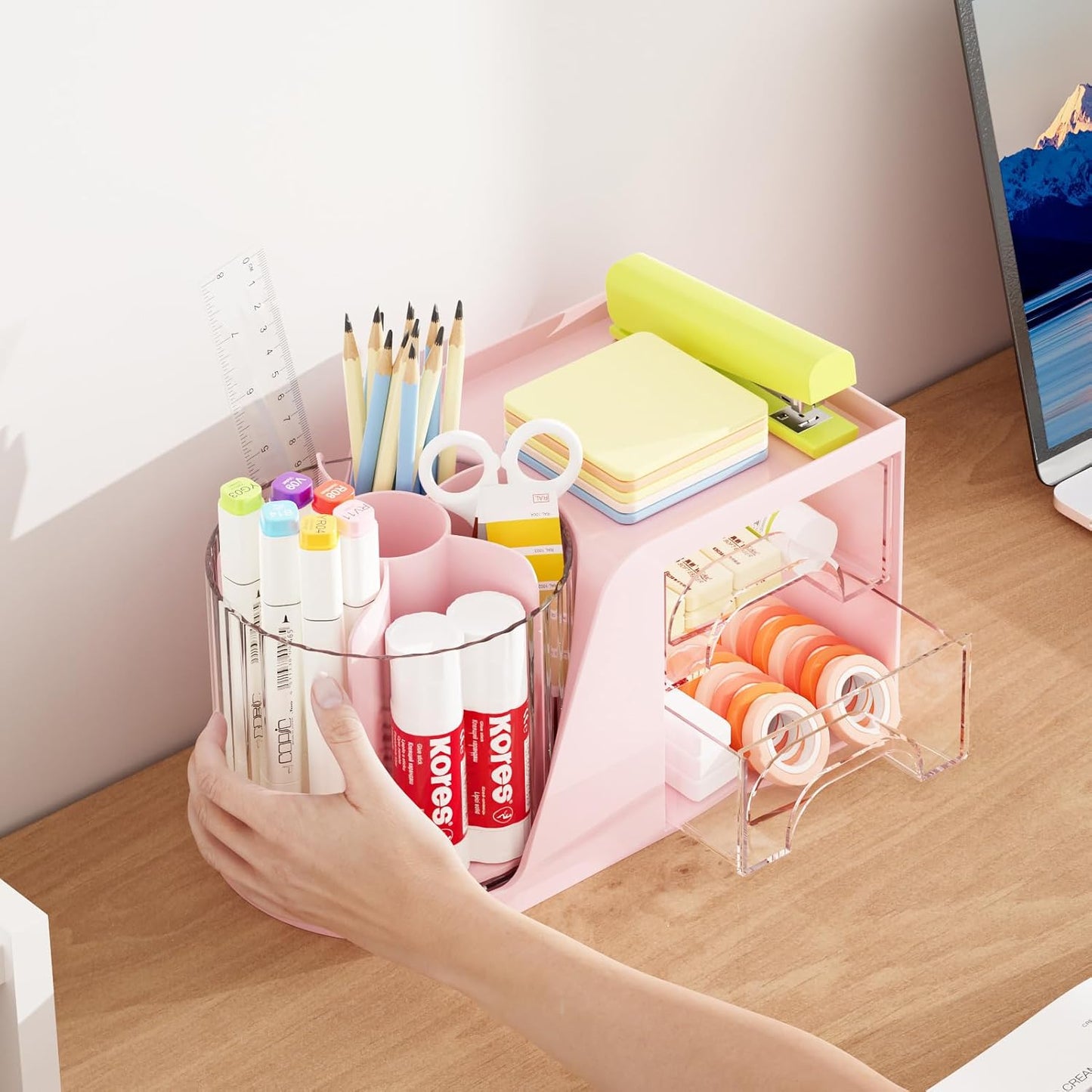 Marbrasse Desk Organizer with 2 Drawer, 360°Rotating Pen Holder, Desk Organizers and Accessories with 6 Slots Pencil Organizer + 2 Drawer, Art Supply Storage Box Caddy for Office (Pink)