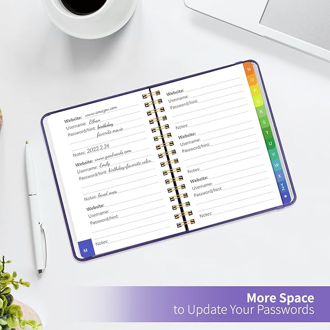 Small Password Book with Alphabetical Tabs, Password Keeper Book for Seniors, Individual & Colorful Tabs, Spiral Hardcover Password Notebook Small for Website Logins, 4.7" x 5.8", Purple