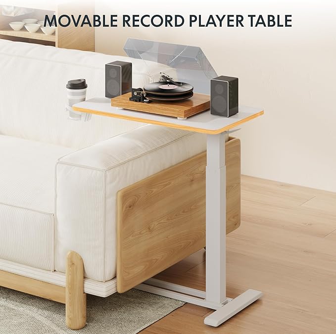 FLEXISPOT H7 Adjustable Overbed Bedside Table with Wheels Pneumatic Mobile Standing Desk Laptop Desk Rolling Computer Cart Movable Overbed Table Hospital Home Use(27.6" W x 15.7" D, White Maple)