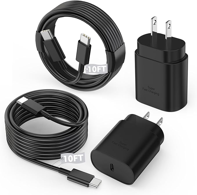 10FT Samsung Fast Charging Type C,2Pack 25W 10Foot Long Android Type C Phone Charger Block USBC to USBC Cable Fast Charging for Samsung Galaxy S25 Ultra/S25/S25+/S24+/S24 Ultra/S24/S23/iPhone 17 16 15