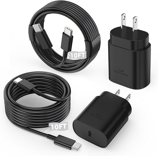 10FT Samsung Fast Charging Type C,2Pack 25W 10Foot Long Android Type C Phone Charger Block USBC to USBC Cable Fast Charging for Samsung Galaxy S25 Ultra/S25/S25+/S24+/S24 Ultra/S24/S23/iPhone 17 16 15