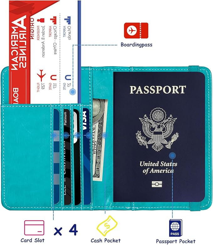 TOURSUIT RFID Blocking Passport Holder for Women Men, Leather Passport Travel Wallet with Metal 3D Metal Badge, Travel Document Holder Cover Accessories (Light Blue)