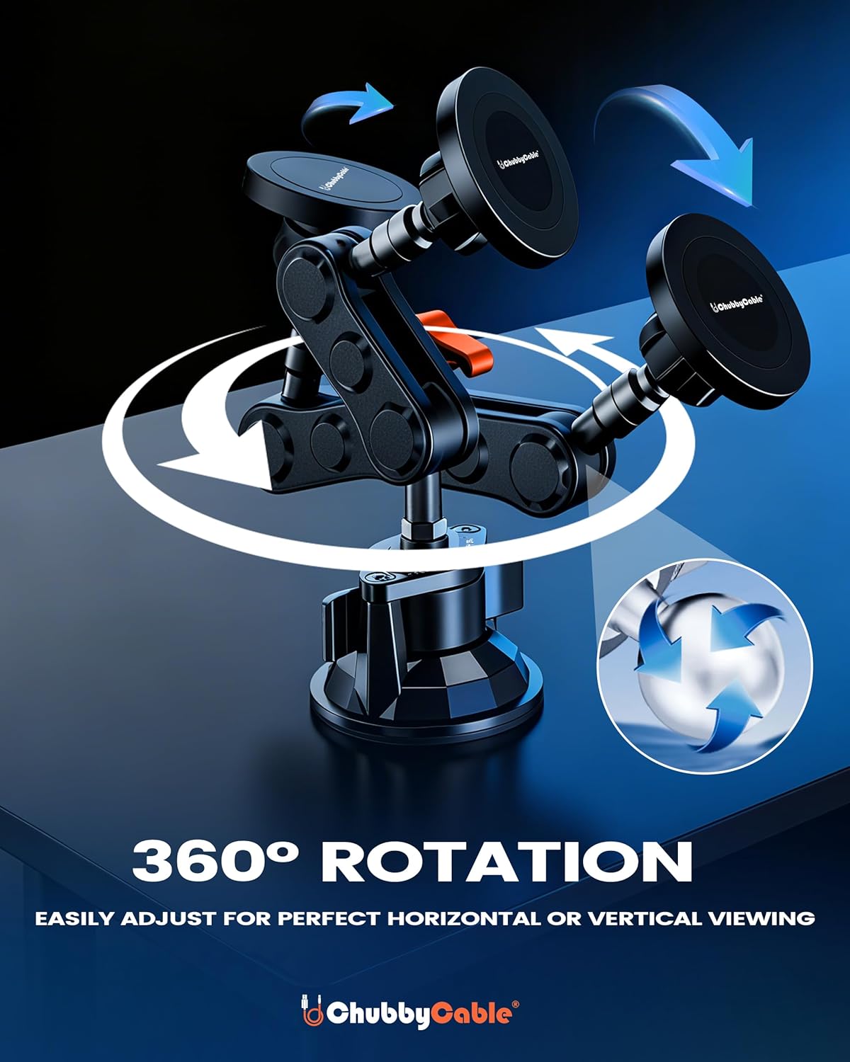 chubbycable ChubbyGrip Pro Dash Mount Vacuum Magnetic Phone Holders for Your Car 360° Rotation Suction Cup Phone Mount for Windshield, Magnetic, Orange