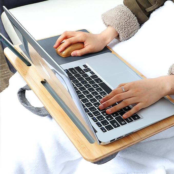 SUMISKY Laptop Lap Desk with Cushion Protable LapDesk with Handle Tablet Support Phone Holder and Mouse Pad Oversized Bamboo Laptop Stand for Sofa Fits Up to 17 Inches