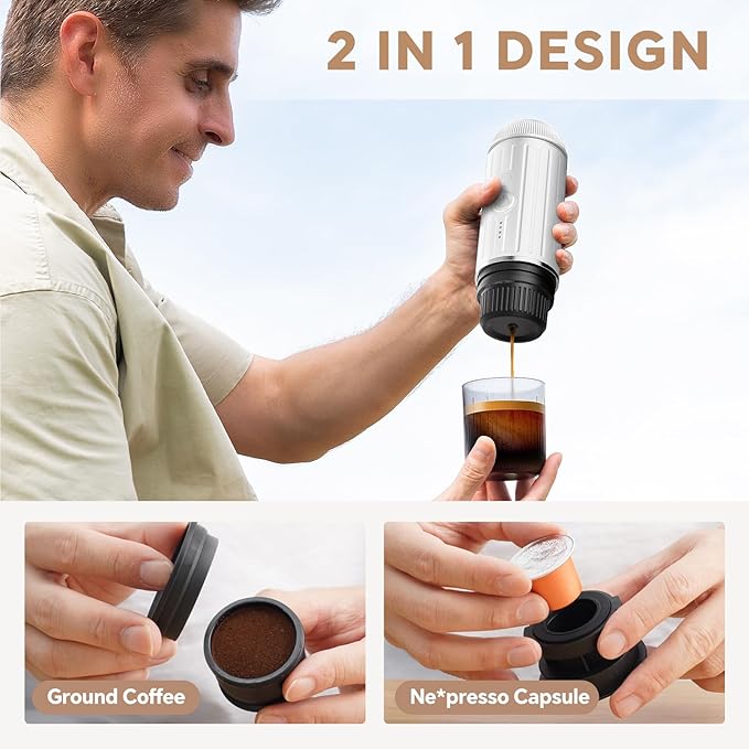 Portable Electric Espresso Coffee Maker, Fast self-heating 2 IN 1 Extraction System Espresso Machine, Support Ground Coffee and NS capsule, for Travel,Car,Hiking,Climbing,Rich Crema（White）