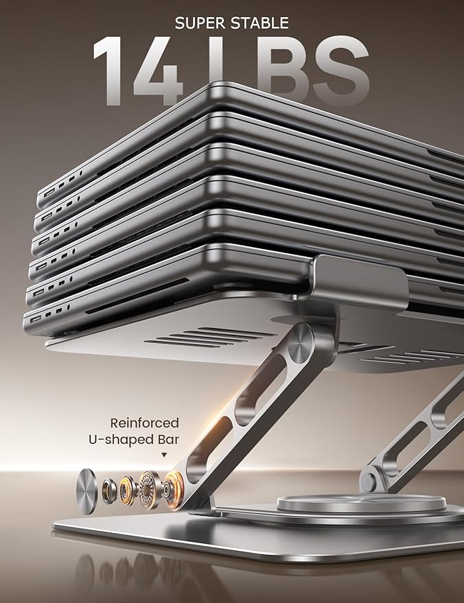 Lamicall Adjustable Laptop Stand for Desk - 360 Rotating Base Ergonomic Computer Stand, Aluminum Laptop Riser Foldable Protable for Office Home fits MacBook Air Pro, Dell, HP (10-17.3'') -Sliver