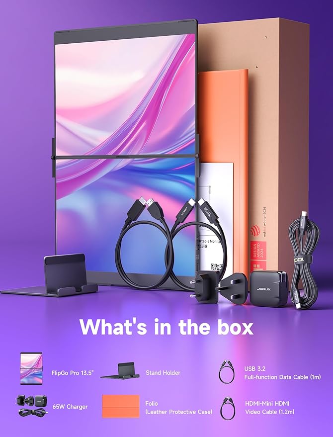 JSAUX FlipGo Pro 13.5" Dual Portable Monitors, 2.2K Triple Laptop Screen Extender, Portable IPS Dual-Screen Monitor for Laptop[for Windows/Linux/macOS] One Cable to Dual/Magnetic Design/DisplayLink