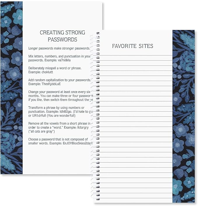 Navy Blossoms Password and PIN Keeper - 94 Pages; 5 Inch x 8-1/2 inch, Softcover Spiral-Bound Website Login Organizer