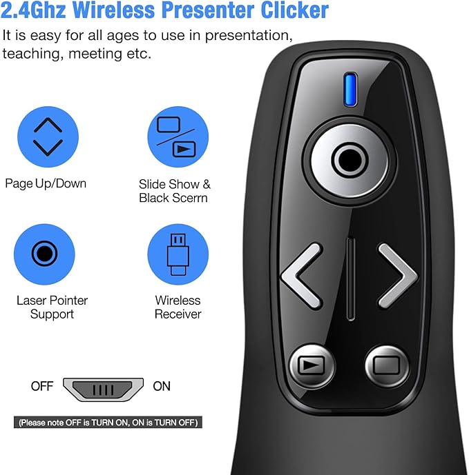 Presentation Clicker Wireless Presenter Remote for PowerPoint, Powerpoint Clicker with Volume Control PowerPoint Slide Advancer for Mac, Computer, Laptop-E600