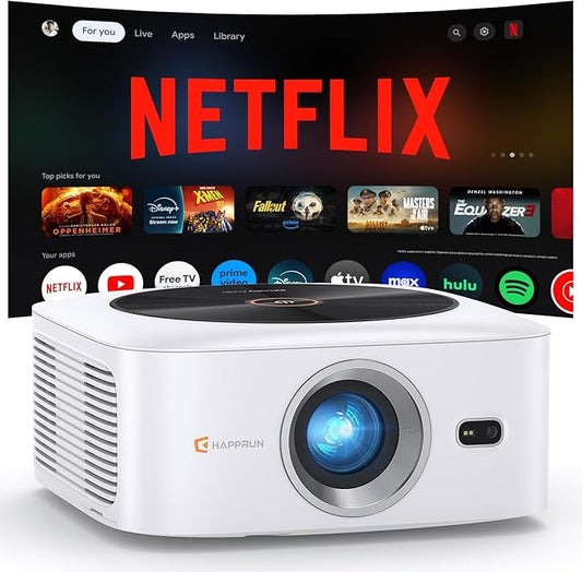 1500 ANSI Official Licensed Netflix Outdoor Projector 4K Full HD, Smart Projector with Wifi and Bluetooth, Auto Focus, Dolby Sound, Built-in Apps, HAPPRUN Indoor Home Theater for Phone/PC/PS5