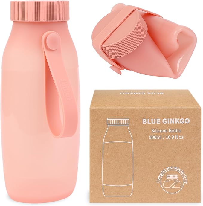 BLUE GINKGO Collapsible Water Bottle – Lightweight, Foldable Silicone Bottle for Travel, Hiking, and Camping (16.9oz, Made in Korea, Rose Pink)