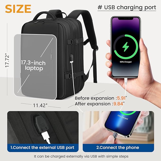 Expandable Travel Backpack for Men Women,Large Carry on Backpack Suitcase with USB Charging Port,Mochila Bag fits 17.3" Laptop TSA Approved, Waterproof Weekender Business Hiking Casual Gifts