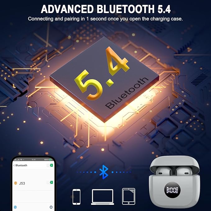 Wireless Earbuds, Bluetooth 5.4 Ear Buds LED Power Display Headphones Bass Stereo, Bluetooth Earbuds in-Ear Noise Cancelling Mic, 40H Playback Mini Case IP7 Waterproof Sports Earphones for Android iOS