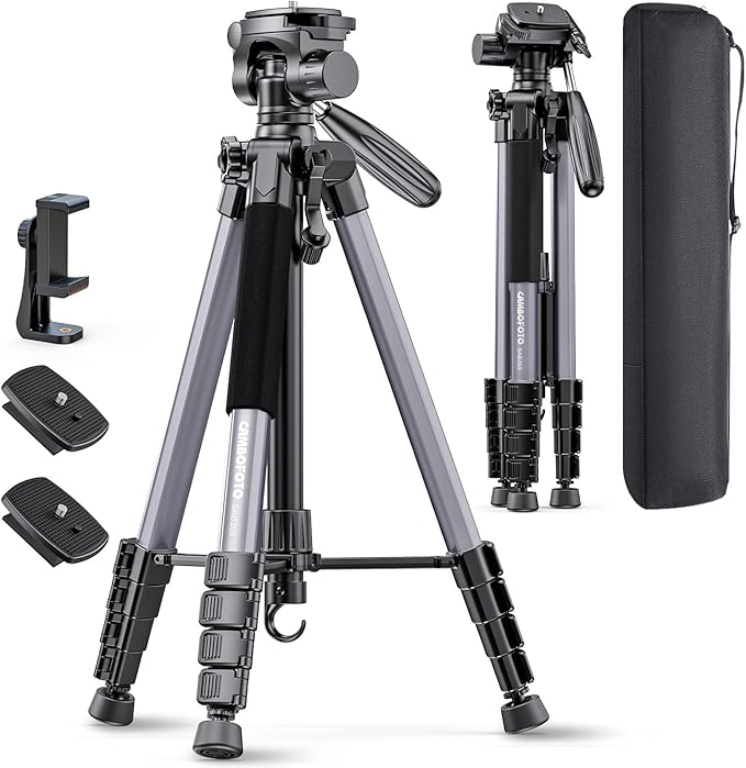 CAMBOFOTO 74"-Camera-Tripod, Professional Aluminum Tripod/Leg Stand Mirrorless Camera/DSLR/Cell Phone/Camcorder/GoPro, with Phone Holder and Travel Bag (Gunmetal Gray) Weight 2.8 lbs Load 8.8 lbs