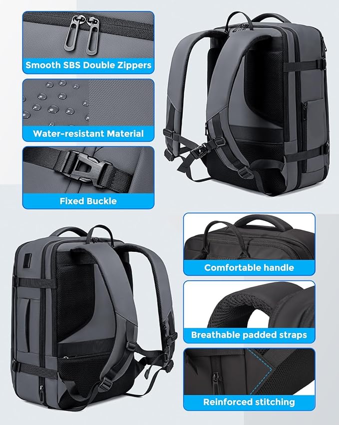 17.3 Inch Travel Laptop Backpack for Men, Water Resistant Carry On Backpack with USB Port, Expandable Computer Daypack, Grey Business Backpack for College/Work