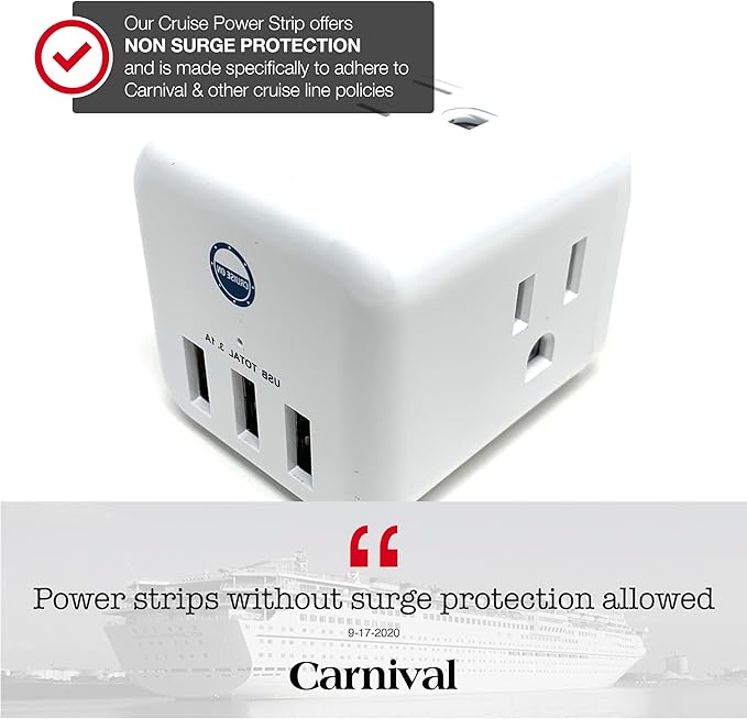 Cruise Approved Power Strip Non Surge Protector for Cruise Ship Multi Plug, 6 Outlets, 3 USB & 3 AC Outlet for Carnival, Celebrity, Princess, Norwegian & Major Lines in 2025 & 2026