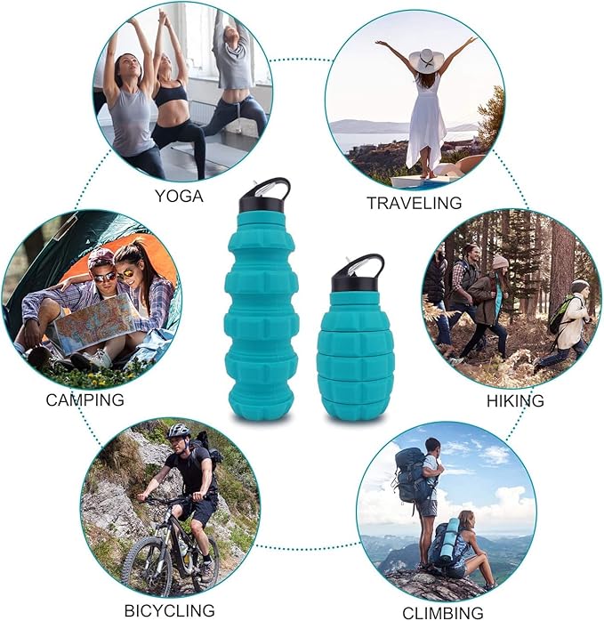 QiCheng&LYS 19.5oz Collapsible Travel Water Bottle, Reuseable BPA Free Silicone Foldable Water Bottles for Travel Gym Camping Hiking, Portable Leak Proof Sports Water Bottle with Carabiner(Blue)