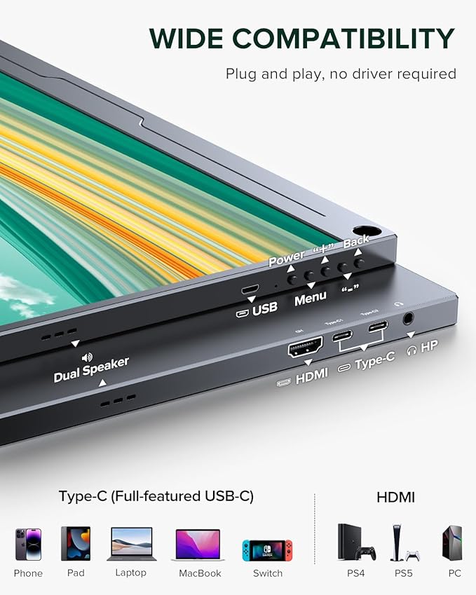 UPERFECT 2.5K QLED Portable Monitor, 16" 2560x1600 QHD Portable Gaming Monitor HDR FreeSync Laptop Monitor w/VESA & Smart Case Matte Eye Care External Second Screen for PC Laptop Phone Game Console