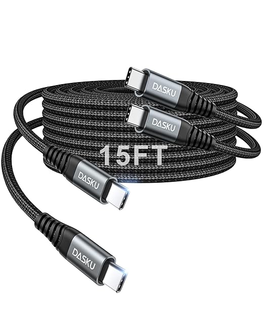 Extra Long USB C to USB C Cable 100W [15ft/2 Pack] Charger Cable Fast Charging Compatible with iPhone 17/17 Pro Max, iPhone 16 Series, iPhone 15 Series, Galaxy S24/S23/S22, Car Play, MacBook, iPad