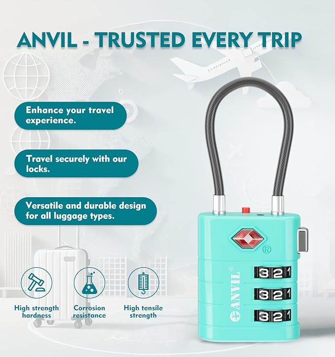 ANVIL TSA Approved Luggage Locks – High Security TSA008 Combination Travel Locks with Inspection Indicator for Suitcases and Backpacks. (2, Cyan)