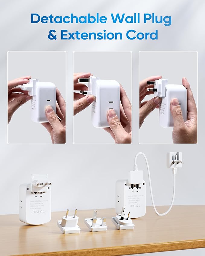Universal Travel Adapter, Type A/C/G/I Plug Adapter, 5ft Detachable Extension Cord, 3 AC Outlets, 4 USB Ports (2 USB C), UK Europe Australia International Power Adapter