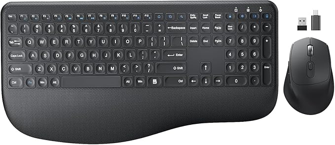 Wireless Keyboard and Mouse Combo, EDJO 2.4G Full-Sized Ergonomic Computer Keyboard with Wrist Rest and 3 Level DPI Adjustable Wireless Mouse for Windows, Mac OS Desktop/Laptop/PC (Carbon Black)