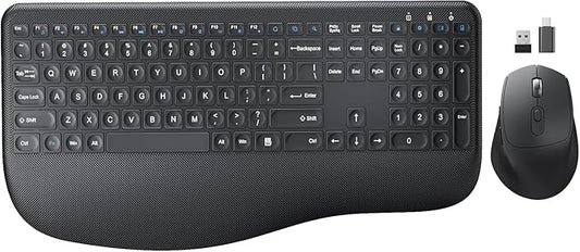 Wireless Keyboard and Mouse Combo, EDJO 2.4G Full-Sized Ergonomic Computer Keyboard with Wrist Rest and 3 Level DPI Adjustable Wireless Mouse for Windows, Mac OS Desktop/Laptop/PC (Carbon Black)