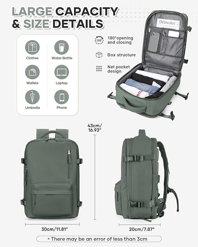 VECAVE Travel Backpack,Carry On Backpack for Women,Airline Flight Approved Waterproof 14 Inch Laptop Backpack with Shoe Compartment Casual Daypack Backpacks DarkGreen.