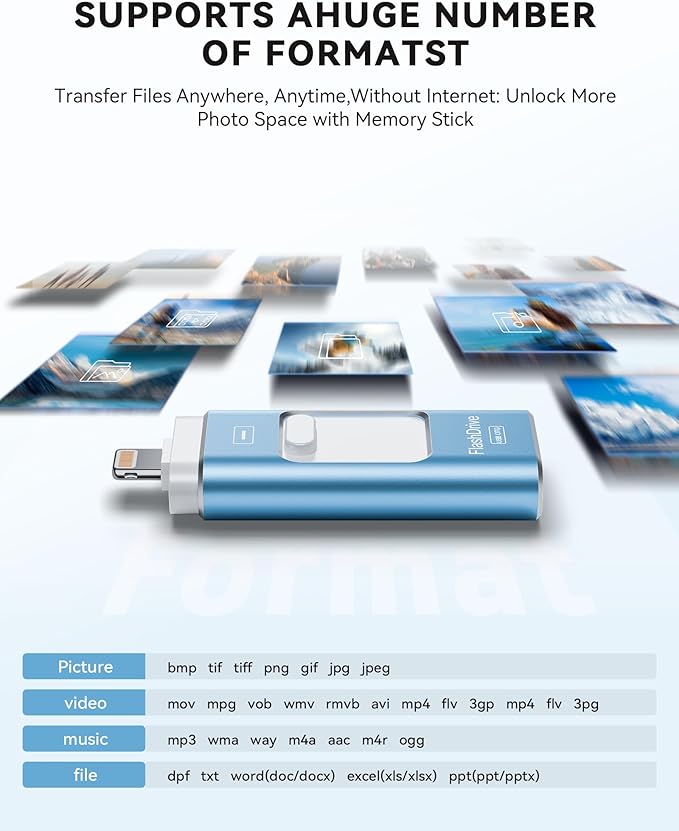 MFi Certified 256GB iPhone Flash Drive, Photo Stick Memory Stick for iPhone iPad, USB Thumb Drive for Photos Videos Transfer & Backup, External Storage Compatible for iPhone/Android/PC/Mac (Blue)