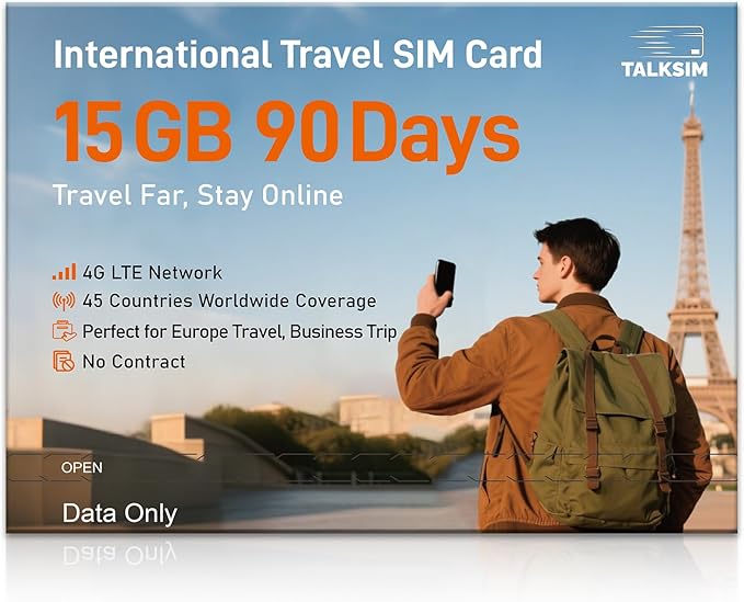 International Data SIM Card 15GB 90 Days, 4G LTE Travel SIM Card Supported 45 Countries USA/UK/Europe/Asia/Africa, Perfect for Europe Travel, Business Trip and Study Abroad, No Contract