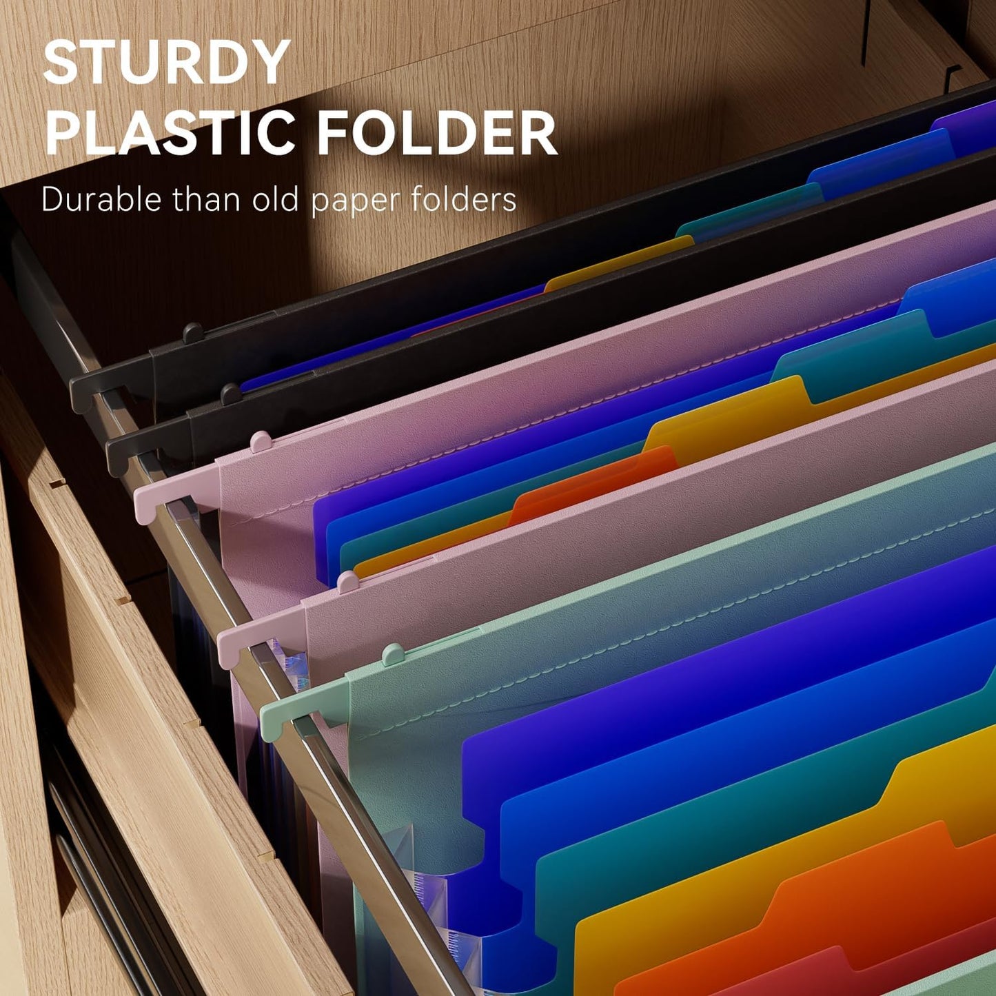 ThinkTex Plastic Expanding Hanging File Folders, 7 Innovative 1.2" Accordion Pockets, Large Capacity, Multi-Color Tabs, Letter Size for Filing Cabinet - 3 Packs 3 Colors