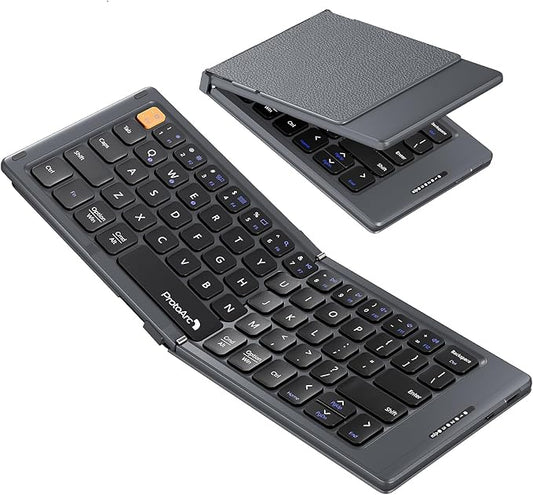 ProtoArc Foldable Compact Keyboard, XK04 Portable Bluetooth Keyboard with PU Leather Cover, Pocket-Sized Wireless Travel Keyboards for iPad, iPhone, Smartphone, Tablet and Laptop- Gray