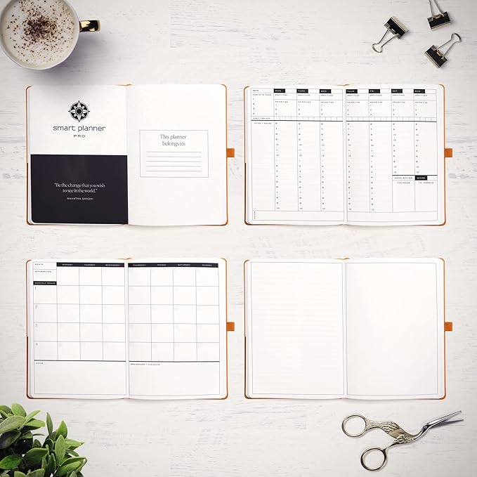 Smart Planner Pro – Medium 10 x 7 inches (B5) – Undated Agenda Daily Planner – Tested & Proven to Achieve Goals & Increase Productivity, Time Management & Happiness with Weekly, Monthly, Gratitude Sections, Back Pocket (Orange)