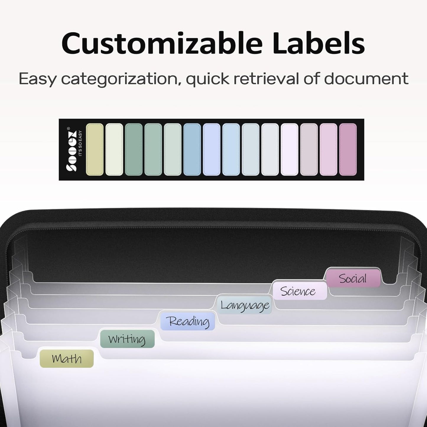 Sooez 7 Pockets Accordion File Organizer, Zipper Expanding File Folder, Heavy Duty Folder Organizer, Sleek Letter Size Accordion Folder, Portable Expandable File Folder, 14 x 11.2 Inch, Black