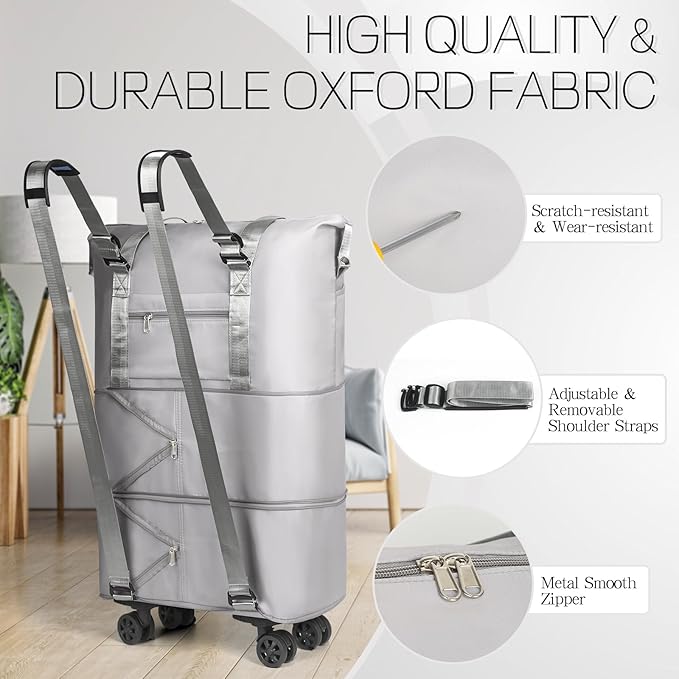 VOOWO Duffel Bag with Wheels - Rolling Foldable Expandable Duffle Bags with Wheel for Travel, Rolling Luggage Carry On Travel Bag, Large Wheeled Overnight Weekender Bag (Gray)