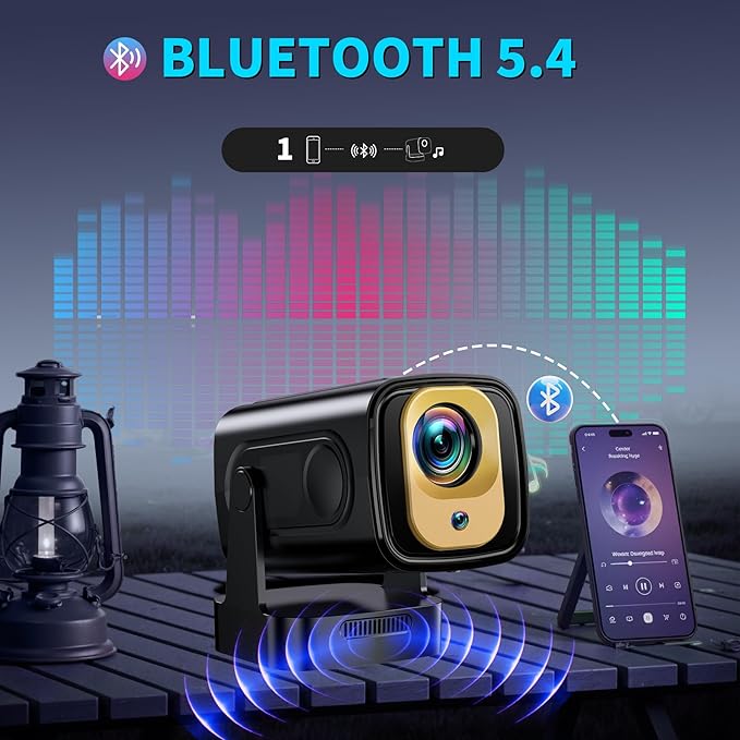 【Built-in Apps】Mini Projector 1080P with WiFi 6 and Bluetooth 5.4, 4K Full HD Projector Features Auto Focus & Keystone, Portable Projector Support 270° Rotatable, Compatible with Phone/HDMI/USB-Black