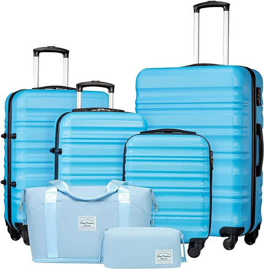 LONG VACATION 6 Piece Luggage Set Carry on Suitcase with ABS+PC hardshell, Spinner Wheels & YKK Zipper TSA Lock (SKY BLUE, 6 piece set)