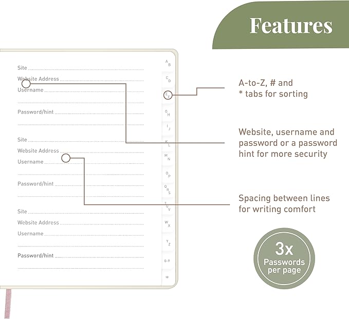 Rileys & Co. Password Book with Alphabetical Tabs, Password Keeper, Password Books for Seniors, Password Notebook for Internet Login, Website, Username (6 x 5 Inches, Cream - Floral)